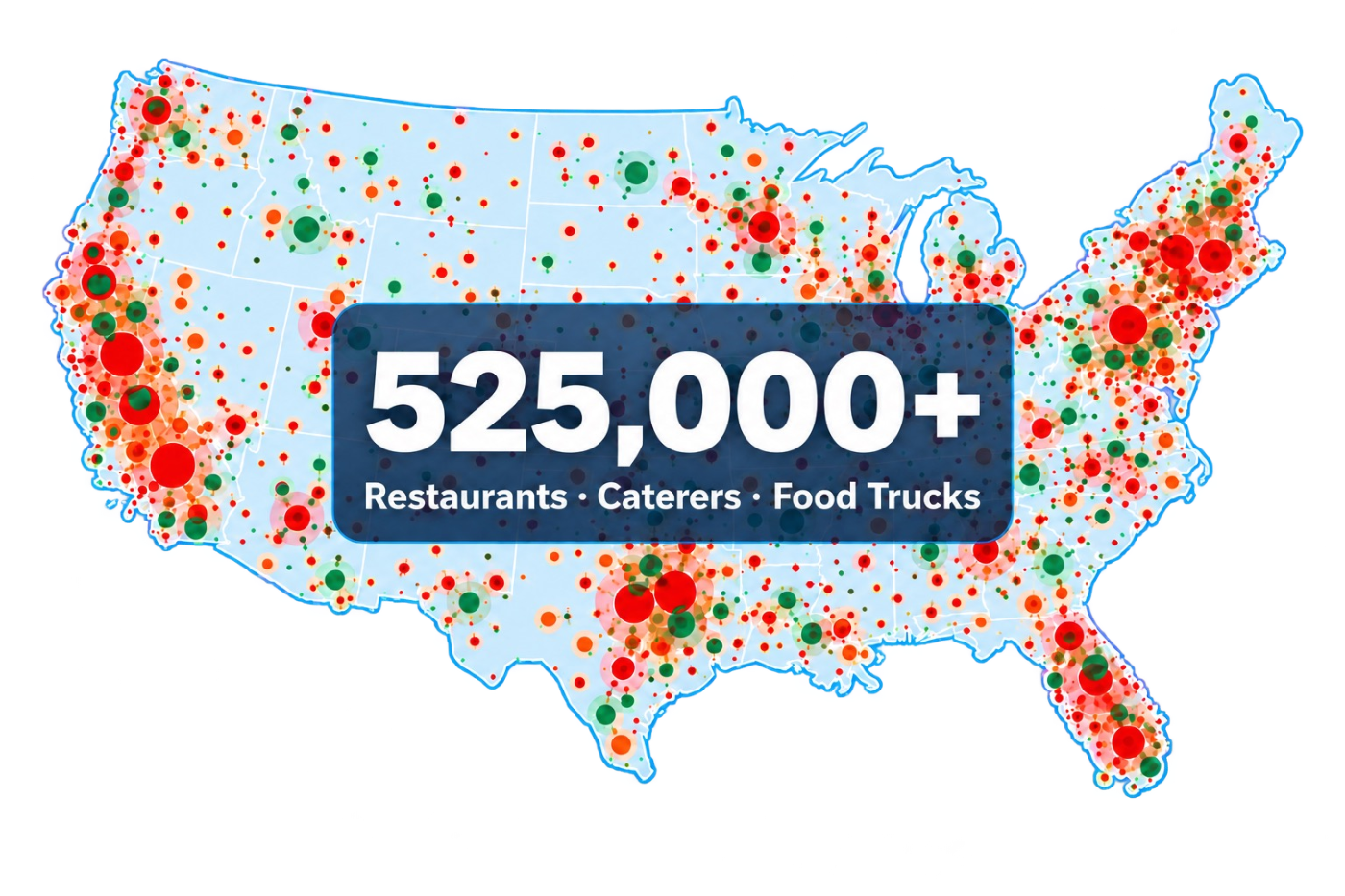 Map of OnePlace partner coverage across the United States: 525,000+ restaurant and food-service partners